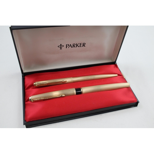 584 - Vintage PARKER 61 Gold Plated Fountain Pen w/ 14ct Nib, Ballpoint, Original Box