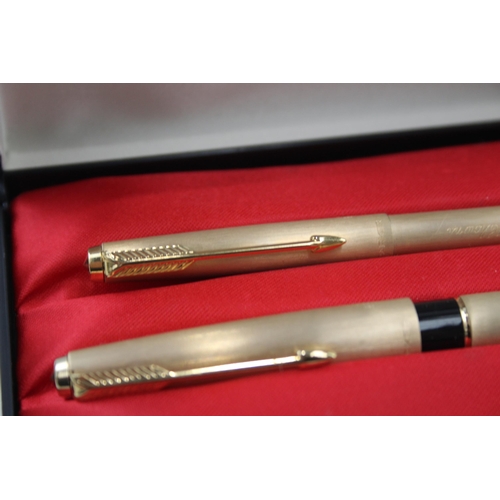 584 - Vintage PARKER 61 Gold Plated Fountain Pen w/ 14ct Nib, Ballpoint, Original Box