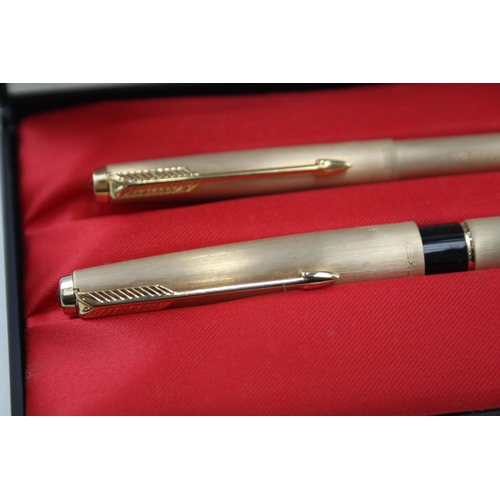 584 - Vintage PARKER 61 Gold Plated Fountain Pen w/ 14ct Nib, Ballpoint, Original Box