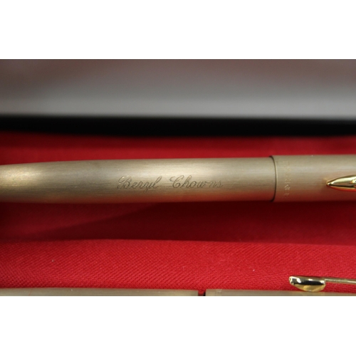 584 - Vintage PARKER 61 Gold Plated Fountain Pen w/ 14ct Nib, Ballpoint, Original Box