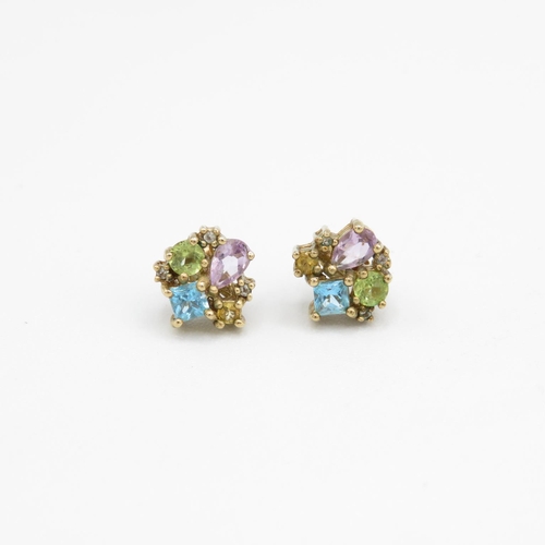 46 - 9ct gold multi gemstone cluster stud earrings, gemstones including: amethyst, topaz, citrine, perido... 