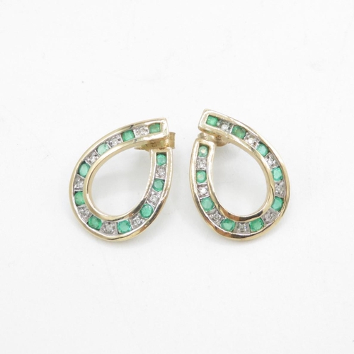 13 - 9ct gold emerald & diamond drop earrings with scroll backs   - 3.4 g