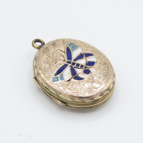 62 - 9ct back and front vintage blue, turquoise and white enamel butterfly locket   - 62 g