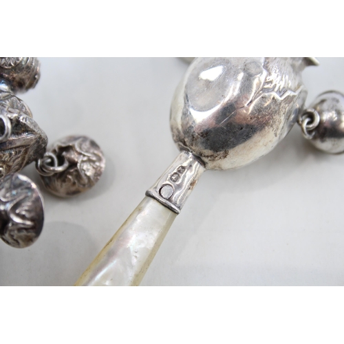 474 - 4 x Antique / Vintage .925 Sterling Silver Baby Rattles / Whistles Inc MOP (76g)