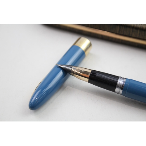 567 - Vintage SHEAFFER Snorkel Blue Cased Fountain Pen w/ 14ct Gold Nib WRITING