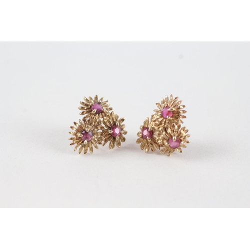 10 - 9ct gold ruby floral cluster stud earrings with scroll backs (1.8g)