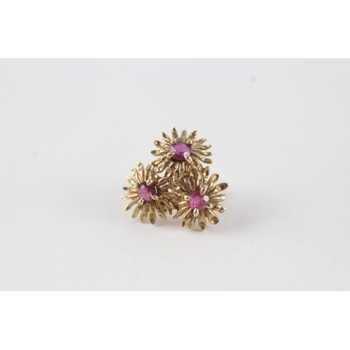 10 - 9ct gold ruby floral cluster stud earrings with scroll backs (1.8g)