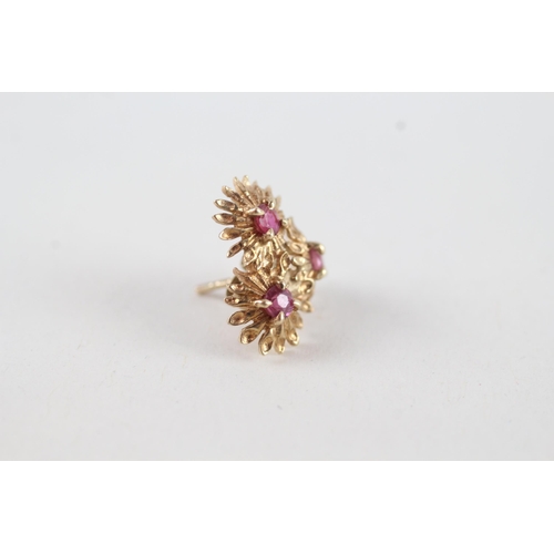 10 - 9ct gold ruby floral cluster stud earrings with scroll backs (1.8g)