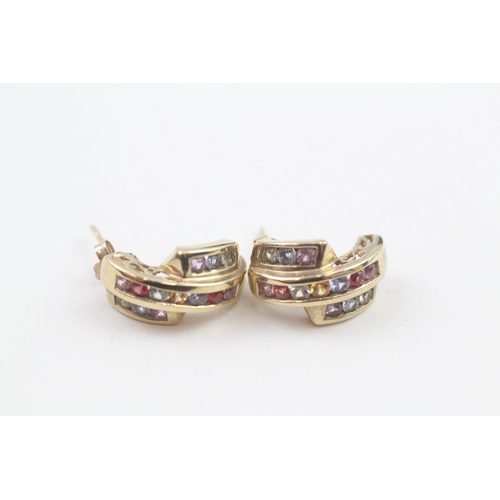 12 - 9ct gold rainbow sapphire earrings with scroll backs (4.1g)