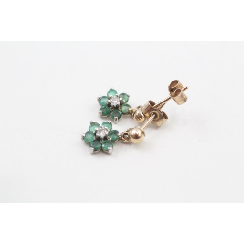 120 - 9ct gold diamond & emerald seven stone floral cluster drop earrings (0.8g)