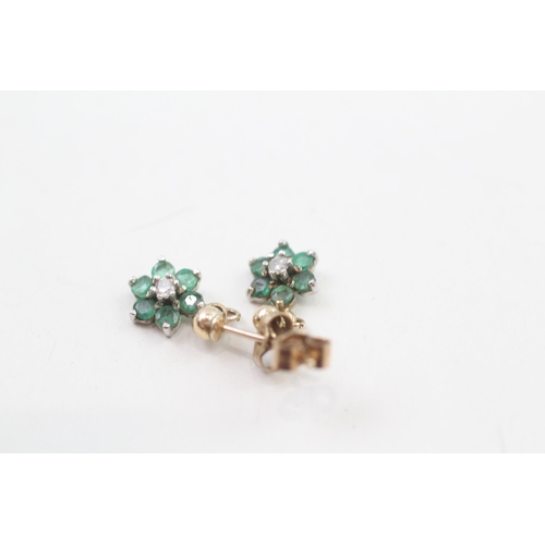 120 - 9ct gold diamond & emerald seven stone floral cluster drop earrings (0.8g)