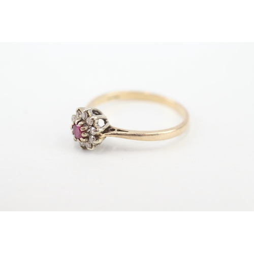 121 - 9ct gold diamond & ruby floral cluster ring (1.7g) Size  N