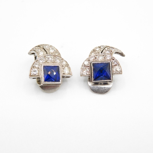 128 - 9ct gold blue gemstone & diamond clip on earrings (5.2g)