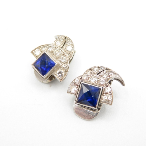 128 - 9ct gold blue gemstone & diamond clip on earrings (5.2g)