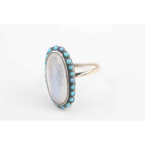 151 - 9ct gold and silver antique moonstone and turquoise ring (3.1g) Size N