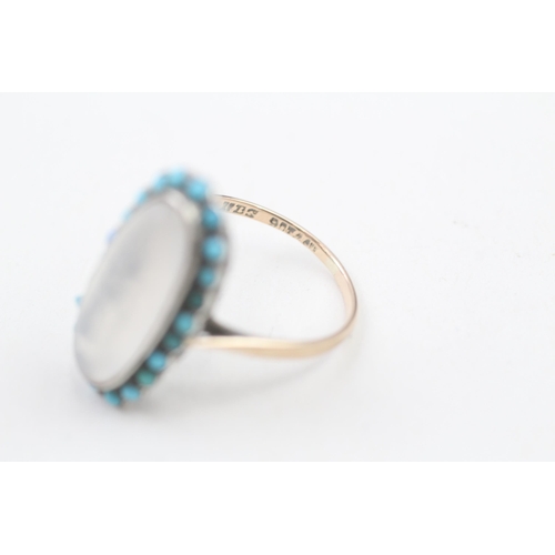 151 - 9ct gold and silver antique moonstone and turquoise ring (3.1g) Size N