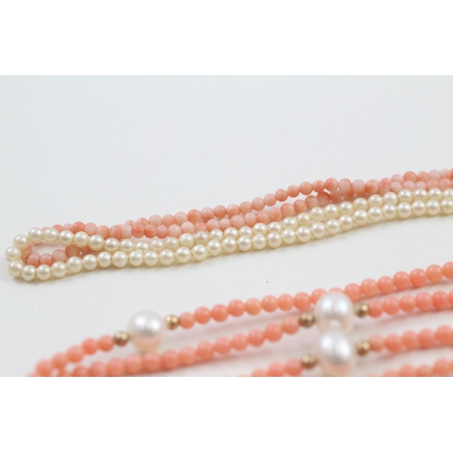 188 - 3 x 9ct gold coral, cultured pearl & faux pearl necklaces (39.1g)