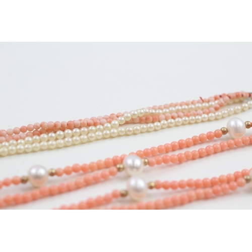 188 - 3 x 9ct gold coral, cultured pearl & faux pearl necklaces (39.1g)