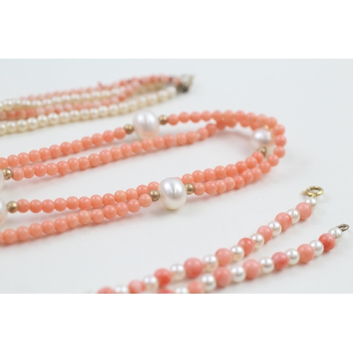 188 - 3 x 9ct gold coral, cultured pearl & faux pearl necklaces (39.1g)