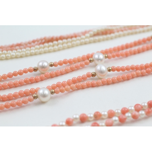 188 - 3 x 9ct gold coral, cultured pearl & faux pearl necklaces (39.1g)