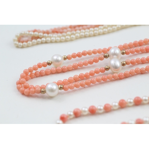 188 - 3 x 9ct gold coral, cultured pearl & faux pearl necklaces (39.1g)