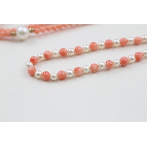 188 - 3 x 9ct gold coral, cultured pearl & faux pearl necklaces (39.1g)