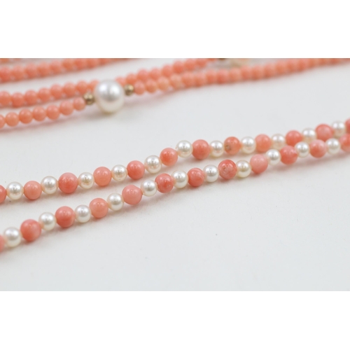 188 - 3 x 9ct gold coral, cultured pearl & faux pearl necklaces (39.1g)