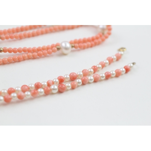 188 - 3 x 9ct gold coral, cultured pearl & faux pearl necklaces (39.1g)