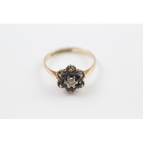 196 - 9ct gold vintage sapphire & diamond cluster ring (1.9g) Size  N