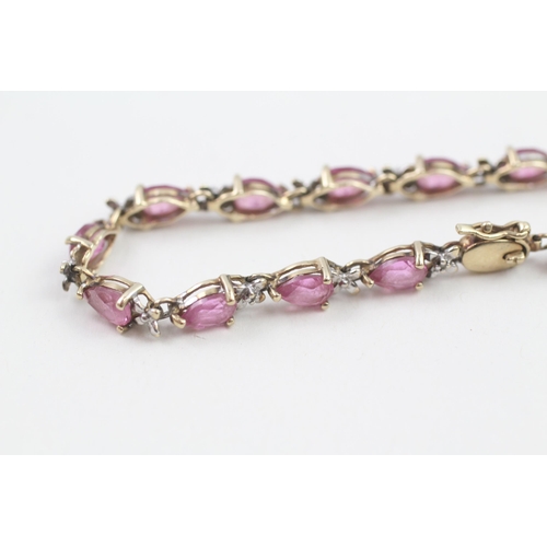 21 - 9ct gold pink gemstone & diamond bracelet (7.2g)