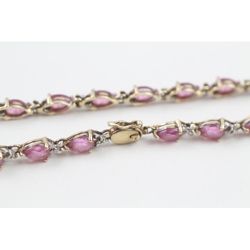 21 - 9ct gold pink gemstone & diamond bracelet (7.2g)