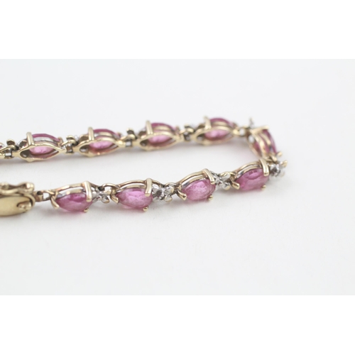 21 - 9ct gold pink gemstone & diamond bracelet (7.2g)