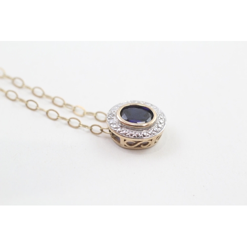 221 - 9ct gold diamond & sapphire oval pendant necklace (2.1g)