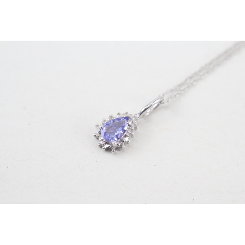 223 - 9ct gold pear cut tanzanite & diamond cluster pendant necklace, claw set (1.2g)