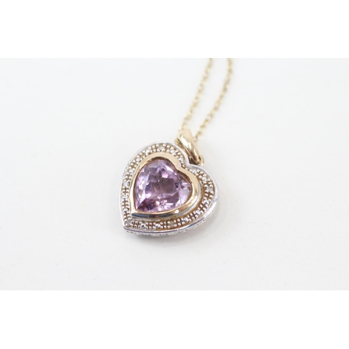 224 - 9ct gold amethyst & diamond heart shaped pendant necklace (4.9g)