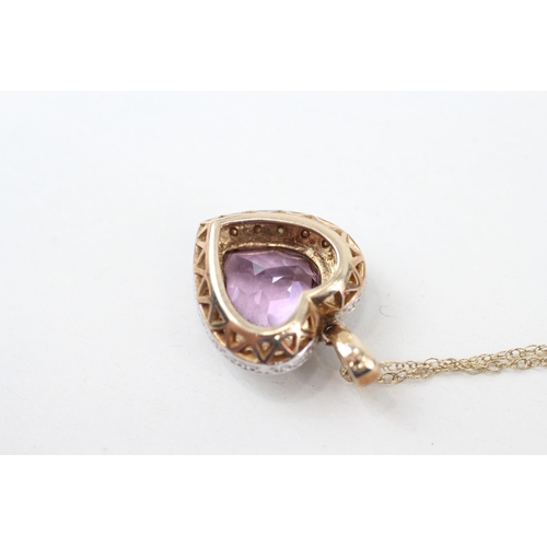 224 - 9ct gold amethyst & diamond heart shaped pendant necklace (4.9g)