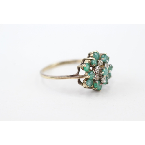 227 - 9ct gold vintage emerald & diamond cluster dress ring, claw set (2.3g) Size  Q