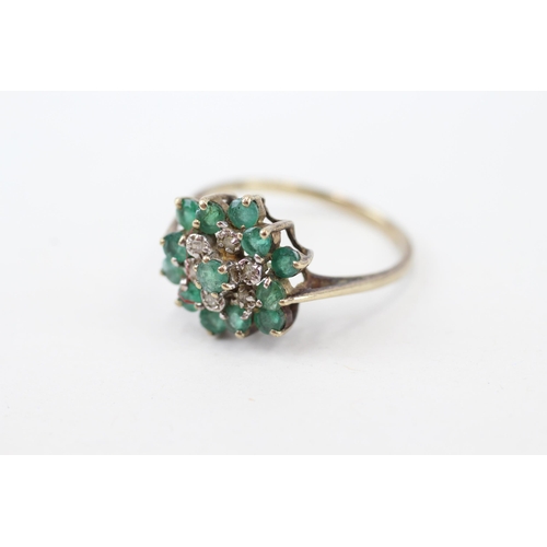 227 - 9ct gold vintage emerald & diamond cluster dress ring, claw set (2.3g) Size  Q