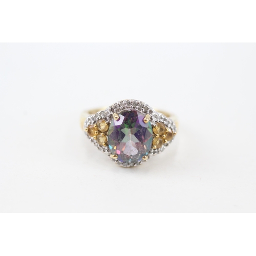 228 - 9ct gold mystic topaz, citrine & diamond dress ring, claw set (4.5g) Size  P