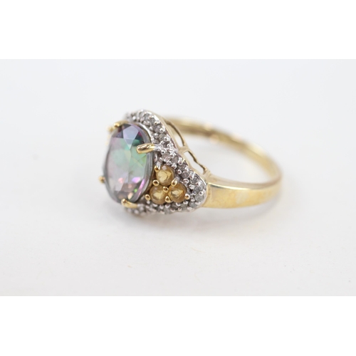 228 - 9ct gold mystic topaz, citrine & diamond dress ring, claw set (4.5g) Size  P