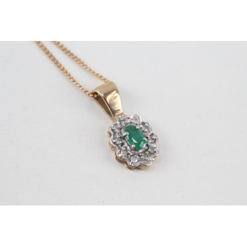 260 - 9ct gold diamond & emerald cluster pendant necklace (2.5g)