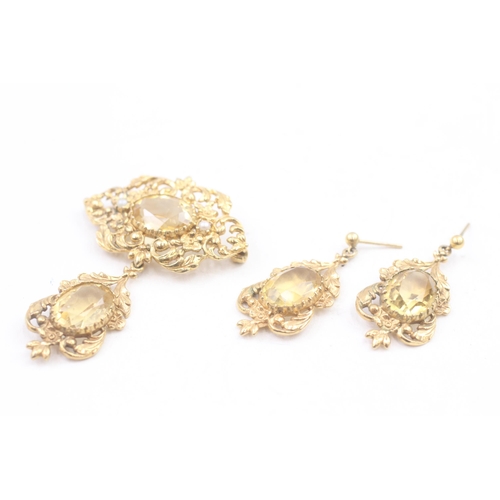 276 - 9ct gold Victorian revival citrine and pear earring and brooch set (18.3g)