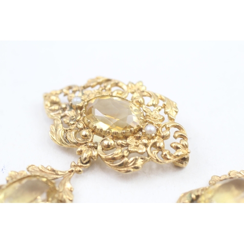 276 - 9ct gold Victorian revival citrine and pear earring and brooch set (18.3g)