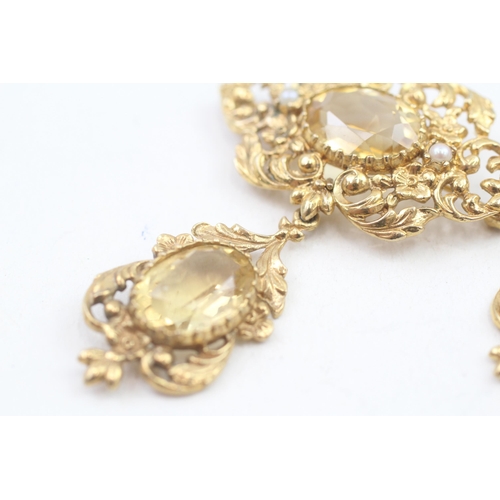 276 - 9ct gold Victorian revival citrine and pear earring and brooch set (18.3g)