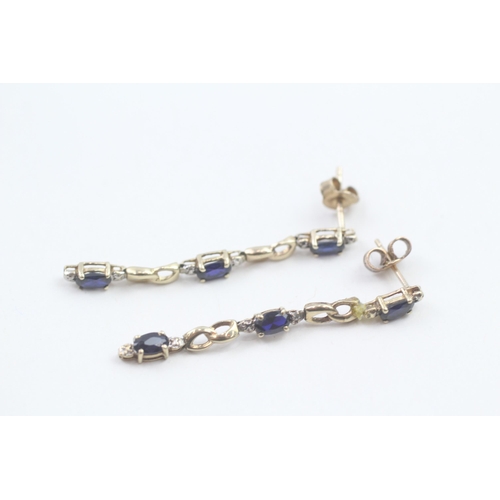 29 - 9ct gold sapphire & diamond drop earrings with scroll backs (2.3g)