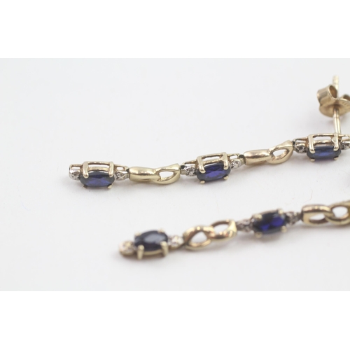 29 - 9ct gold sapphire & diamond drop earrings with scroll backs (2.3g)