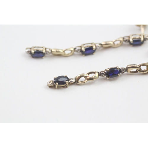 29 - 9ct gold sapphire & diamond drop earrings with scroll backs (2.3g)