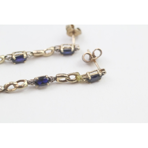 29 - 9ct gold sapphire & diamond drop earrings with scroll backs (2.3g)