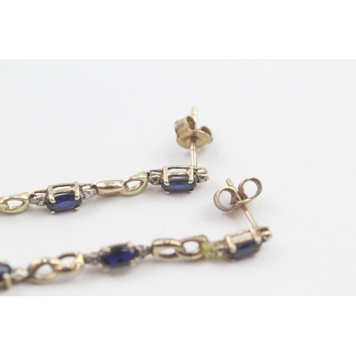 29 - 9ct gold sapphire & diamond drop earrings with scroll backs (2.3g)