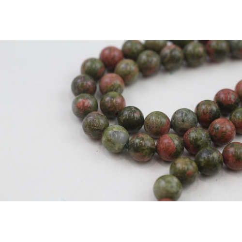 290 - 14ct gold clasped unakite bead necklace (73.5g)